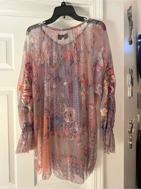 Johnny Was Biya Calliope Floral Mesh Blouse w/Embroidery & Grey Adjustable Tank